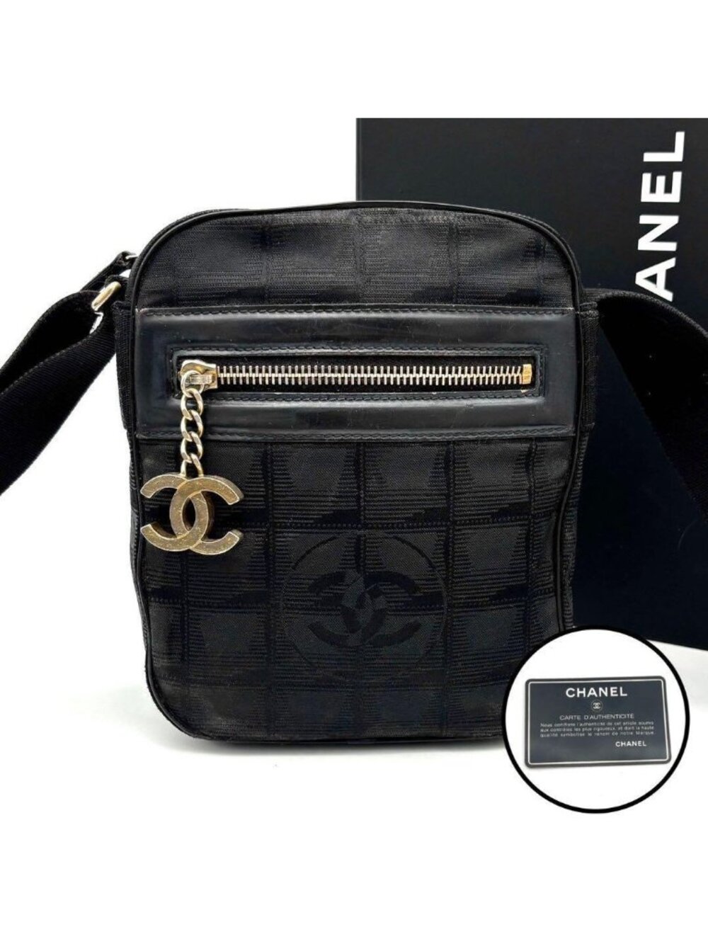 Chanel New Travel Line Shoulder Bag Black CC Logo Gold